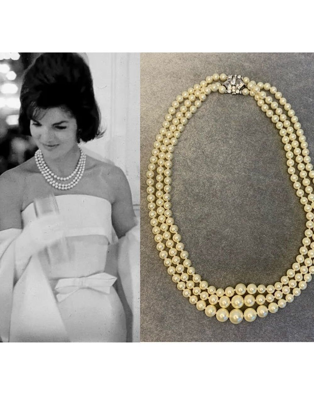 JACKIE kennedy inspired triple layered strand faux pearl rhinestone necklace